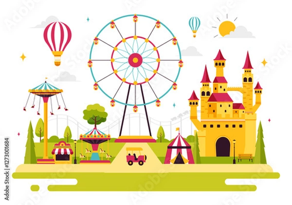 Fototapeta Theme Parks Vector Illustration featuring an Amusement Park with a Ferris wheel, Fun Game Booths, a Ticket Box, and Trade Fair Stalls in a Background