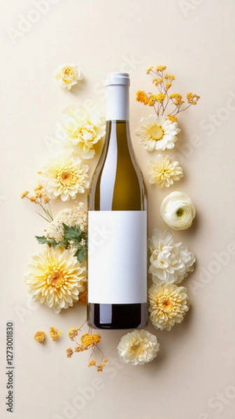 Fototapeta Top view of wine bottle in floral composition on soft yellow background, blank label offers space for text or logo—great mockup for events like weddings, anniversaries, or personal greetings