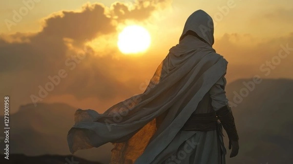 Fototapeta A cloaked figure stands on a mountain peak at sunset, gazing at the horizon with flowing fabric