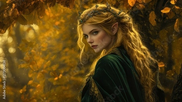 Fototapeta Enchanting elf in a lush autumn forest, surrounded by golden leaves and soft sunlight