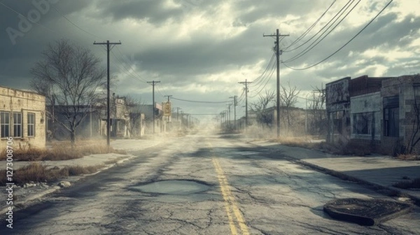 Fototapeta Abandoned street in a desolate town under a cloudy sky with fog and broken pavement