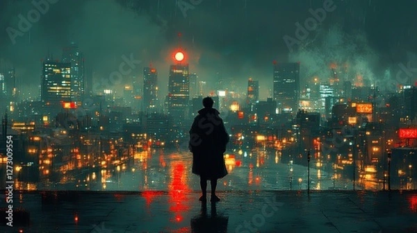 Fototapeta nighttime reflections lofi manga wallpaper of a sad yet beautiful scene with cityscape person in front of the city generative ai
