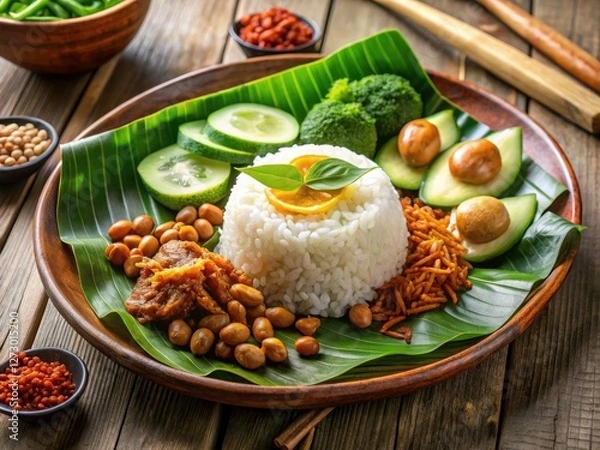 Fototapeta Savor authentic Malaysian Nasi Lemak:  banana leaf, fragrant rice, fiery sambal, and perfectly cooked egg.