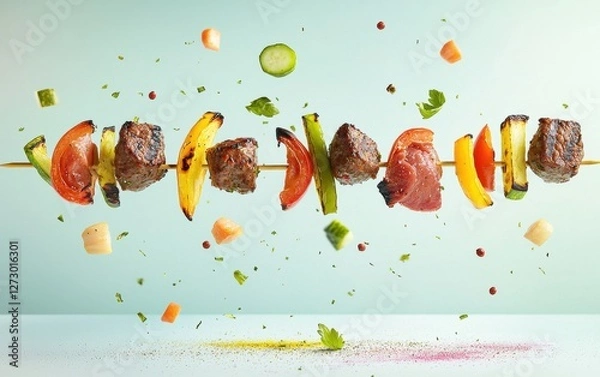 Fototapeta Levitating grilled kebabs with meat and veggies flying, isolated on a pastel background