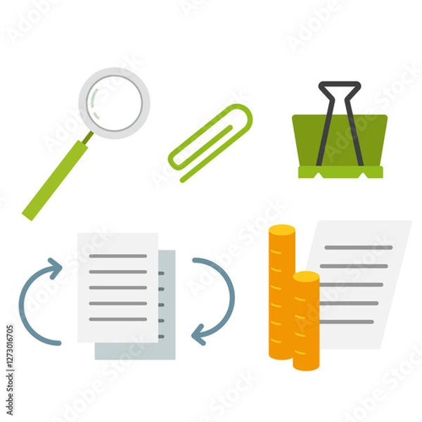 Fototapeta 사무용품(클립+문서+종이+돋보기+집게)