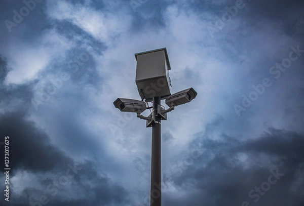 Fototapeta surveillance camera fining people and keeping control, against the background of severe thunderclouds with a thunderstorm. the problem of freedom and personal life in the 21st century