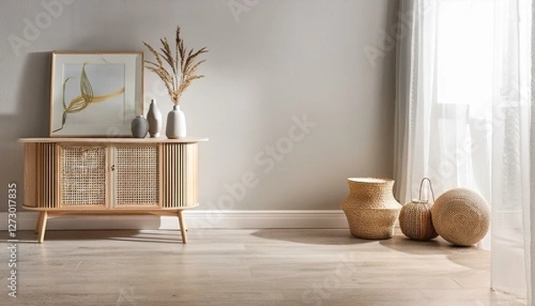 Fototapeta Light relax room interior with sideboard and decoration, mockup wall