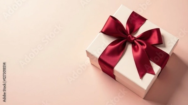 Fototapeta A delicately wrapped gift box, adorned with a rich burgundy ribbon, rests on a soft blush background, ready for a special occasion