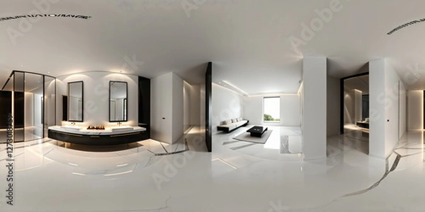 Obraz Full 360 degrees seamless spherical panorama HDRI equirectangular projection of modern black and white studio. Texture environment map for lighting and reflection source rendering 3d scenes.