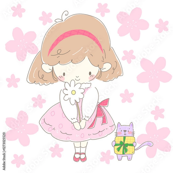 Obraz プレゼントの白い花を持つピンク色のワンピースの女の子と猫　背景桜
