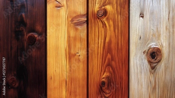 Fototapeta Richly stained wood planks display diverse hues vertical arrangement. AI Generated