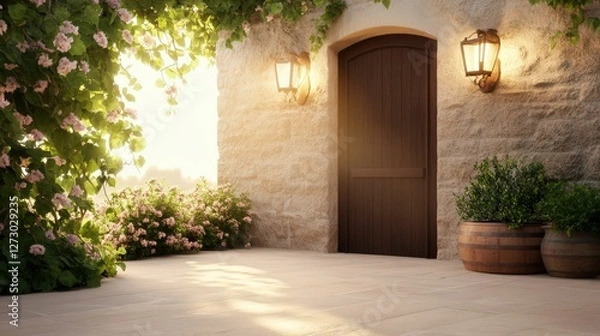 Fototapeta Romantic mediterranean courtyard rustic stone wall charming outdoor space lush greenery serene view inviting ambiance