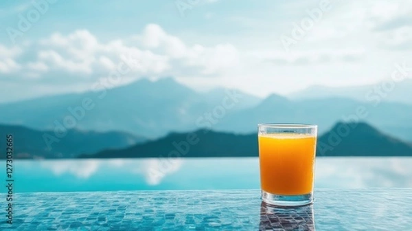 Fototapeta A glass of refreshing orange juice placed beside an infinity pool, offering a breathtaking view of mountains in the distance, perfect for relaxation.