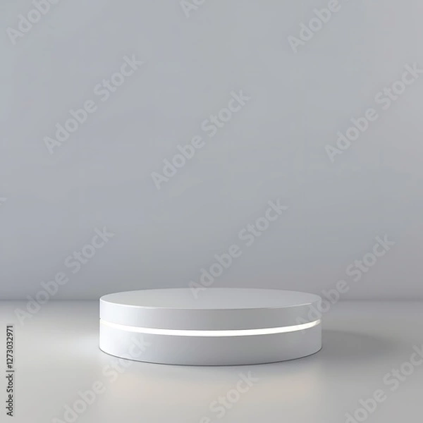 Fototapeta White Cylindrical Podium with Neon Ring: A Simple White Cylindrical Podium or Display Platform with a Single Horizontal Neon Ring Light, Centered Against a Solid Light Gray Background, Ideal for Produ