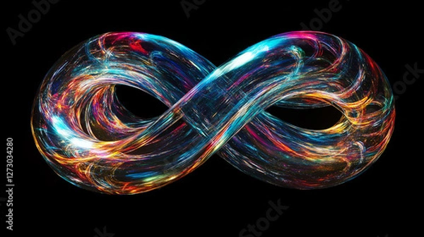 Fototapeta Endless Energy: Illuminated Infinity Symbol in Motion. A seamless metallic infinity loop with dynamic glowing streaks, floating in a high-tech, and immersive digital universe