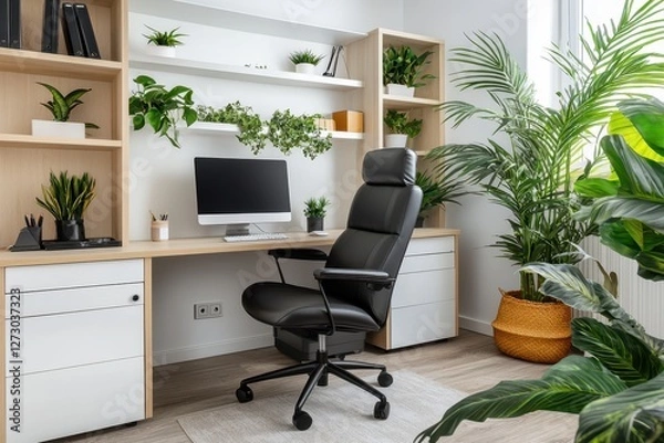 Obraz Modern home office setup with ergonomic chair computer and lush plants creating a serene workspace promoting productivity and well being in a bright interior