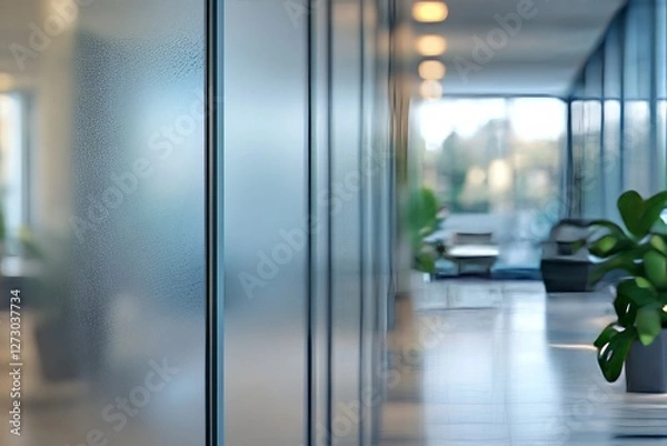 Fototapeta A tranquil office corridor with blurred glass partitions and lush green plants, creating a serene workplace atmosphere.