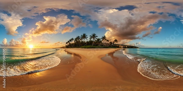 Obraz Full 360 degrees seamless spherical panorama HDRI equirectangular projection of tropical island beach. Texture environment map for lighting and reflection source rendering 3d scenes.