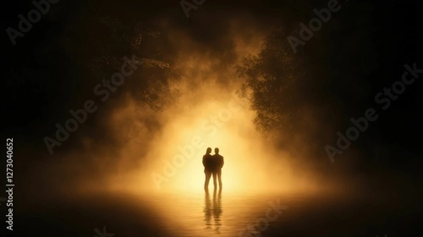 Fototapeta A silhouette of a couple standing in a misty, illuminated setting, surrounded by darkness and a warm glow.