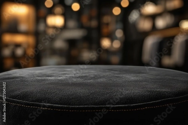 Fototapeta A close-up of a plush black leather ottoman with a blurred, inviting background of shelf displays.