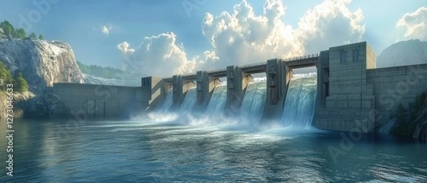Fototapeta Aerial view of hydropower turbines generating sustainable energy at river dam site