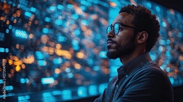 Fototapeta secure data management administrator ensuring cyber security in data center server farm cloud computing facility with system network protection engineering