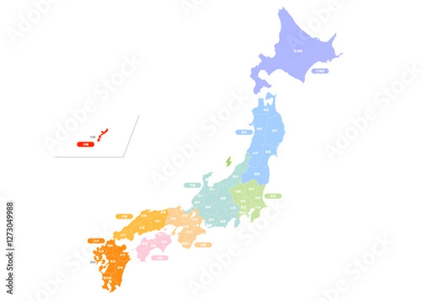 Fototapeta パステルカラーの都道府県別の日本地図のイラスト