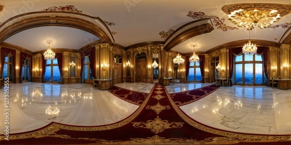 Obraz Full 360 degrees seamless spherical panorama HDRI equirectangular projection of glamorous vintage restaurant nightclub. Texture environment map for lighting and reflection source rendering 3d scenes.