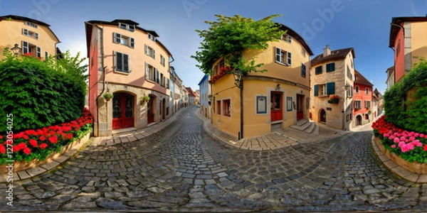 Obraz Full 360 degrees seamless spherical panorama HDRI equirectangular projection of An idyllic small town. Texture environment map for lighting and reflection source rendering 3d scenes.