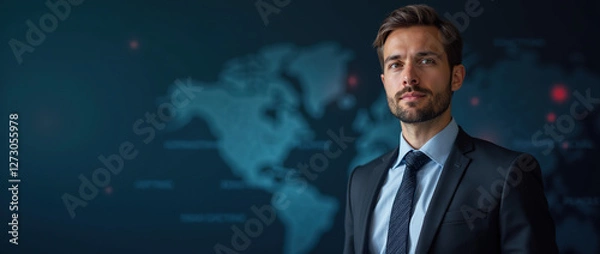Fototapeta A professional in formal attire, set against a digital AI background. The image conveys  business approach.