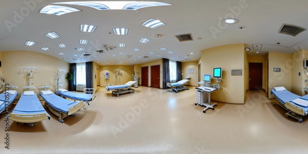 Obraz Full 360 degrees seamless spherical panorama HDRI equirectangular projection of hospital interior with adjustable beds. Texture environment map for lighting and reflection source rendering 3d scenes.