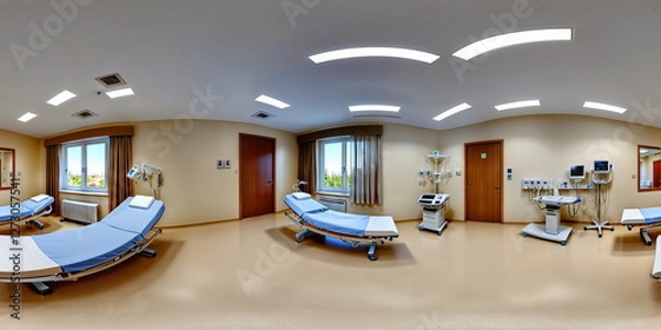 Obraz Full 360 degrees seamless spherical panorama HDRI equirectangular projection of hospital interior with adjustable beds. Texture environment map for lighting and reflection source rendering 3d scenes.