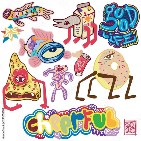 Fototapeta Playful hand drawn doodle characters with quirky expressions.