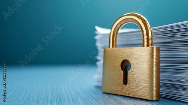 Fototapeta A golden padlock rests on a stack of documents, symbolizing security and confidentiality in data protection.