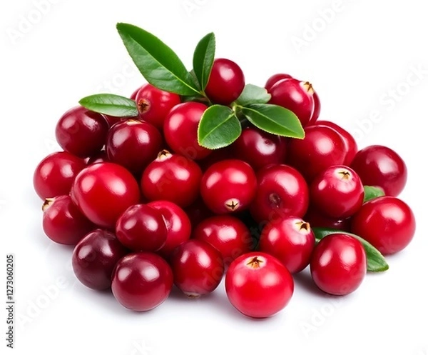 Fototapeta Luscious Cranberries with vibrant green leaves, isolated on white. Freshness personified!