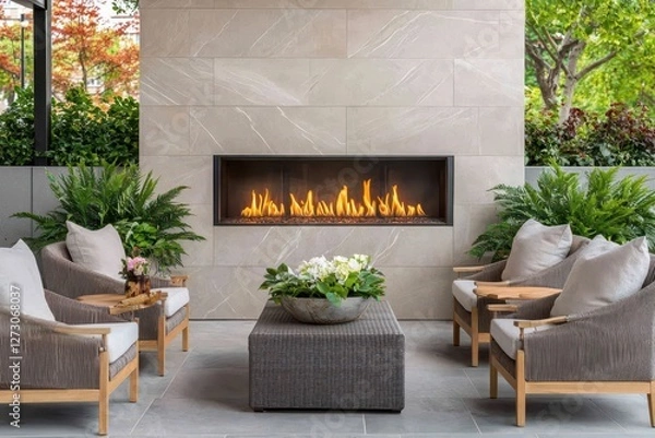 Fototapeta Serene outdoor living space with modern fireplace, inviting chairs, lush greenery, and tranquil ambiance for relaxation and comfort in a stylish setting