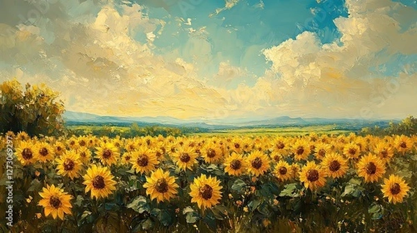 Obraz sunflower field with vibrant yellow and green colors in an impressionist oil painting style