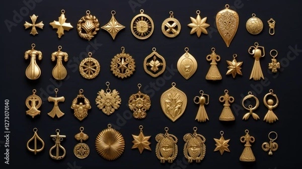 Fototapeta Intricate gold charms collection displaying diverse designs on dark surface