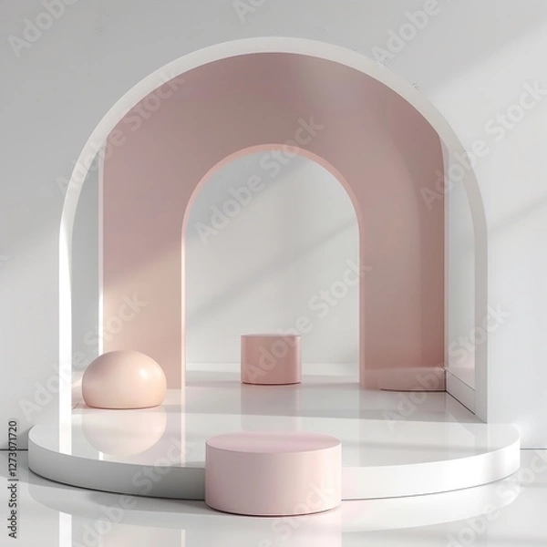 Fototapeta White Cylindrical Display Platform: A Simple, Smooth, White Cylindrical Platform Isolated on a White Background, Ideal for Product Photography, Mockups, or Showcasing Minimalist Design.