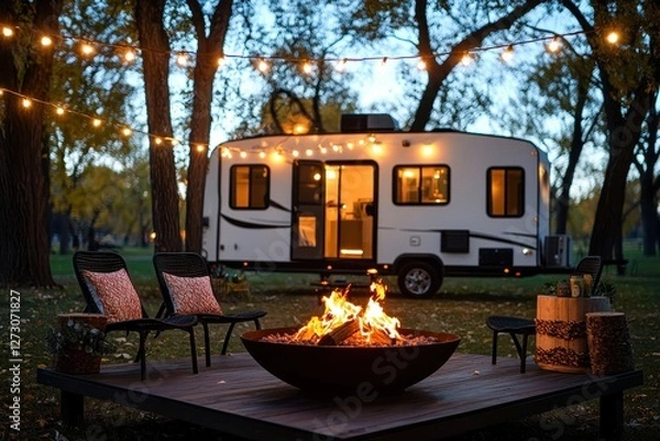 Fototapeta Cozy evening by the campfire with a modern camper in the background under string lights at dusk scenic view