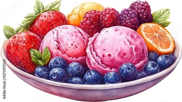 Obraz tutti frutti ice cream png with transparent background colorful frozen dessert illustration bright fruity ice cream scoop with mixed fruit toppings perfect for food and dessert design projects hig