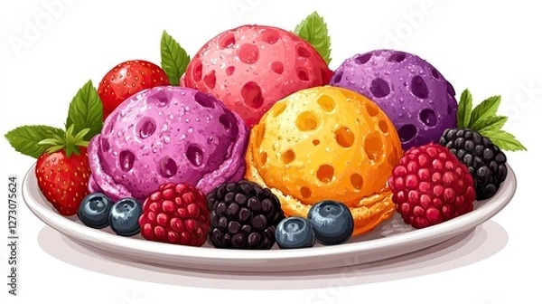 Obraz tutti frutti ice cream png with transparent background colorful frozen dessert illustration bright fruity ice cream scoop with mixed fruit toppings perfect for food and dessert design projects hig