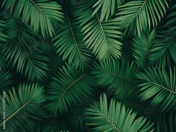 Fototapeta Lush green palm leaves create vibrant, tropical atmosphere in this image