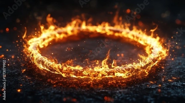 Fototapeta Fiery ring burns on dark ground, sparks fly, abstract background, design element