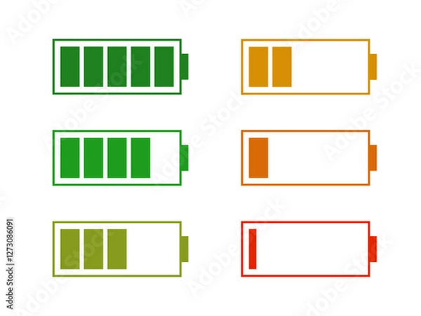 Fototapeta Level battery energy icon set. Powerfully full and power low up status batteries. Energy reusing concept. Alkaline tags. Battery charging point, charge indicator. Mobile plug. Vector illustration.