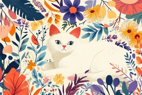 Fototapeta Art colorful illustration with cat surrounded by flowers. Art poster for decoration your interior and for use in your unique design.