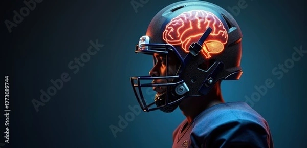 Fototapeta A surreal representation of a football player, featuring a brain illuminated on the helmet, symbolizing brain health in sports.