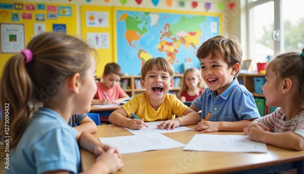 Fototapeta Cheerful elementary school classroom with children laughing while learning, bright posters and study materials on the walls, warm and inviting atmosphere
