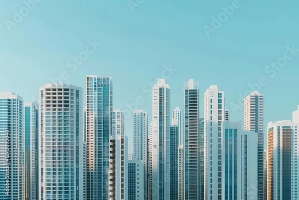 Fototapeta A skyline filled with modern skyscrapers against a bright blue sky, showcasing urban architecture and city life.