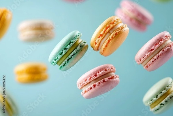 Fototapeta Floating macarons in pastel colors, with a minimalistic background